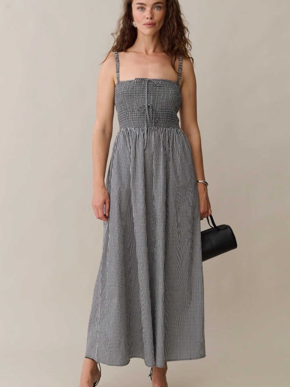 Few Moda Smocked Gingham Maxi Dress in Black and White